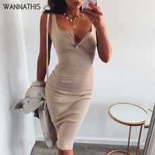 Charger l'image dans la galerie, WannaThis Knee-Length Dress Knitted Elastic Sleeveless Bodycon elegant Women 2019 Summer Sexy V-Neck Button Party Slim Dresses