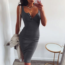 Charger l'image dans la galerie, WannaThis Knee-Length Dress Knitted Elastic Sleeveless Bodycon elegant Women 2019 Summer Sexy V-Neck Button Party Slim Dresses