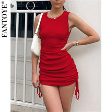 Charger l'image dans la galerie, FANTOYE Cotton Ruched Drawstring Sexy Party Dress Women Sleeveless Elastic Mini Dress Vintage Summer Bodycon Club Wear Vestidos