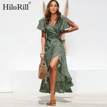 Charger l'image dans la galerie, HiloRill Summer Beach Maxi Dress Women Floral Print Boho Long Dress Ruffles Wrap Casual V-Neck Split Sexy Party Dress Robe Femme