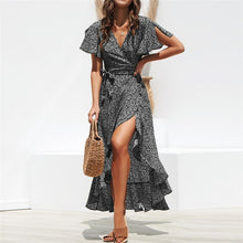 Charger l'image dans la galerie, HiloRill Summer Beach Maxi Dress Women Floral Print Boho Long Dress Ruffles Wrap Casual V-Neck Split Sexy Party Dress Robe Femme