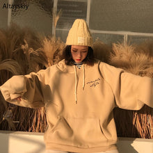 Charger l'image dans la galerie, Hoodies Women Thicker Plus Velvet Warm Soft Letter Printed Simple All-match Pockets Leisure Pullovers Womens Trendy Sweatshirts