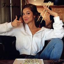 Charger l'image dans la galerie, Fitshinling Zip-up autumn winter women hoodies pockets slim crop jacket female clothes drawstring white sexy hoody cotton coats