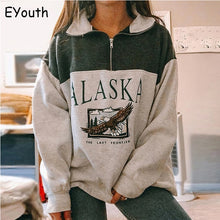 Charger l'image dans la galerie, Fashion women's cotton Stand collar half zipper letter printing long sleeve sweatshirts Vintage Grey casual loose sweatshirt