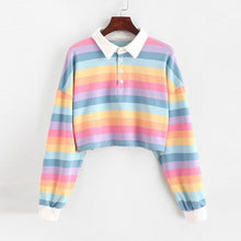 Charger l'image dans la galerie, QRWR 2020 Polo Shirt Women Sweatshirt Long Sleeve Rainbow Color Ladies Hoodies With Button Striped Korean Style Sweatshirt Women