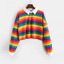 Charger l'image dans la galerie, QRWR 2020 Polo Shirt Women Sweatshirt Long Sleeve Rainbow Color Ladies Hoodies With Button Striped Korean Style Sweatshirt Women