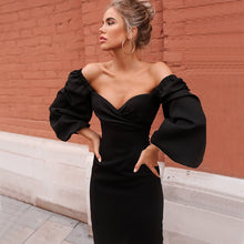 Charger l'image dans la galerie, Women Sexy Bodycon Dress Pure V Neck Off Shoulder Lantern Sleeve Dress Party Night Elegant Mid Christmas Dress Mujer Black Dress