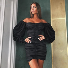 Charger l'image dans la galerie, Women Sexy Bodycon Dress Pure V Neck Off Shoulder Lantern Sleeve Dress Party Night Elegant Mid Christmas Dress Mujer Black Dress