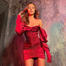 Charger l'image dans la galerie, Women Sexy Bodycon Dress Pure V Neck Off Shoulder Lantern Sleeve Dress Party Night Elegant Mid Christmas Dress Mujer Black Dress