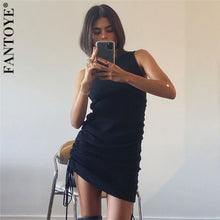 Charger l'image dans la galerie, FANTOYE Cotton Ruched Drawstring Sexy Party Dress Women Sleeveless Elastic Mini Dress Vintage Summer Bodycon Club Wear Vestidos
