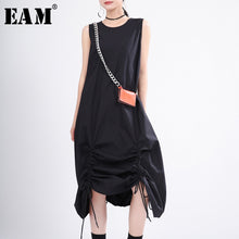 Charger l'image dans la galerie, [EAM] Women Black Pleated Drawstring Long Dress New Round Neck Sleeveless Loose Fit Fashion Tide Spring Summer 2020 1T356
