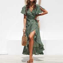 Charger l'image dans la galerie, HiloRill Summer Beach Maxi Dress Women Floral Print Boho Long Dress Ruffles Wrap Casual V-Neck Split Sexy Party Dress Robe Femme
