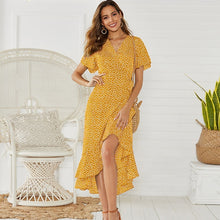 Charger l'image dans la galerie, HiloRill Summer Beach Maxi Dress Women Floral Print Boho Long Dress Ruffles Wrap Casual V-Neck Split Sexy Party Dress Robe Femme
