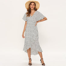 Charger l'image dans la galerie, HiloRill Summer Beach Maxi Dress Women Floral Print Boho Long Dress Ruffles Wrap Casual V-Neck Split Sexy Party Dress Robe Femme
