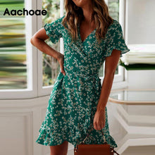 Charger l'image dans la galerie, Aachoae Women Dresses Summer 2020 Sexy V Neck Floral Print Boho Beach Dress Ruffle Short Sleeve A Line Mini Dress Sundress Robe
