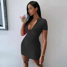 Charger l'image dans la galerie, Women Winter Fall Bodycon Ribbed Dress 2020 New Stand Collar Zipper Deep V-neck Solid Stretch Bodycon Pencil Party Mini Vestido
