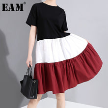 Charger l'image dans la galerie, [EAM] Women Black Contrast Color Pleated Elegant Dress New Round Neck Short Sleeve Loose Fit Fashion Spring Summer 2020 1W729
