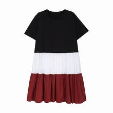 Charger l'image dans la galerie, [EAM] Women Black Contrast Color Pleated Elegant Dress New Round Neck Short Sleeve Loose Fit Fashion Spring Summer 2020 1W729
