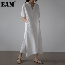 Charger l'image dans la galerie, [EAM] Women White Bandage Vent Long Elegant Dress New V-Neck Half Sleeve Loose Fit Fashion Tide Spring Summer 2020 1X606
