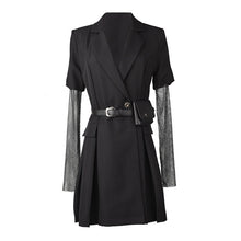 Charger l'image dans la galerie, [EAM] Women Black Rhinestones Stitch Suit Dress New Round Neck Long Sleeve Loose Fit Fashion Tide Spring Summer 2020 1S54801S
