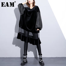 Charger l'image dans la galerie, [EAM] Women Black Mesh Velet Big Size Long Dress New Round Neck Long Sleeve Loose Fit Fashion Tide Spring Autumn2020 JI39001
