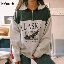 Charger l'image dans la galerie, Fashion women's cotton Stand collar half zipper letter printing long sleeve sweatshirts Vintage Grey casual loose sweatshirt
