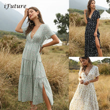 Charger l'image dans la galerie, 2020 Summer Beach Holiday Dress Women Casual Floral Print Elegant  Boho Long Dress Ruffle Short-Sleeve V-neck Sexy Party Robe
