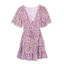 Charger l'image dans la galerie, hirigin 2020 Women Dress Boho Floral Ruffle Short Mini Dress Summer Knot Sexy V-Neck Party Holiday Dress Femme vestido de mujer
