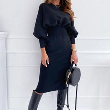 Charger l'image dans la galerie, Women Sexy Bodycon Dress Pure V Neck Off Shoulder Lantern Sleeve Dress Party Night Elegant Mid Christmas Dress Mujer Black Dress
